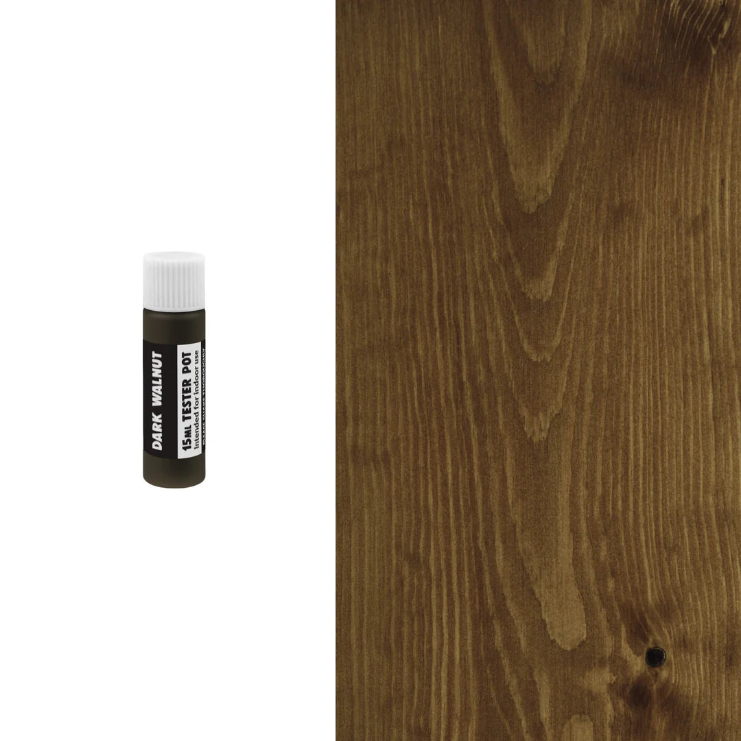 Dark Walnut wood sample with a small container of dark walnut paint on a white background