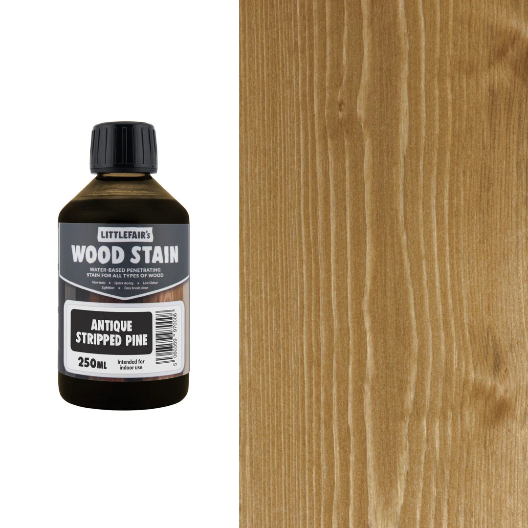 Bottle of Littlefair's Wood Stain next to a sample of stained wood.