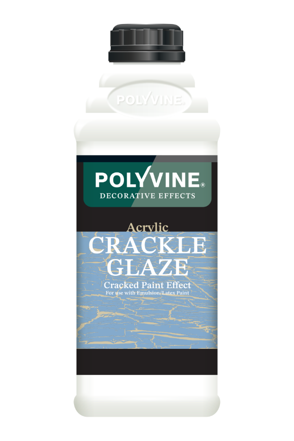 A white plastic bottle of Polyvine Decorative Effects Acrylic Crackle Glaze with a black cap and a label featuring a blue cracked paint design.