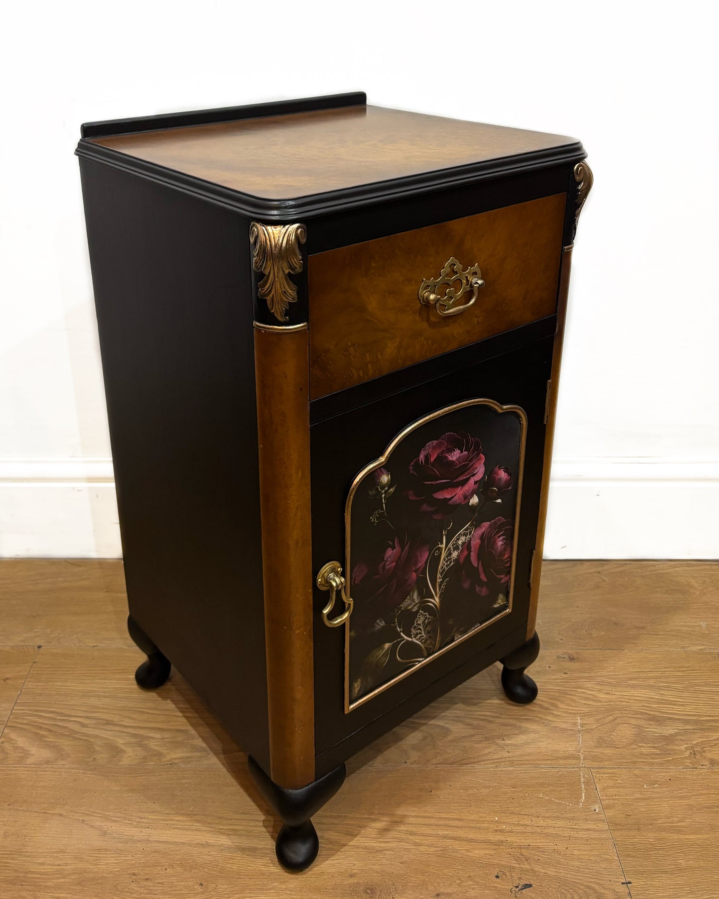 Gilded Roses Bedside Cabinet - Black and Gold with Decoupage