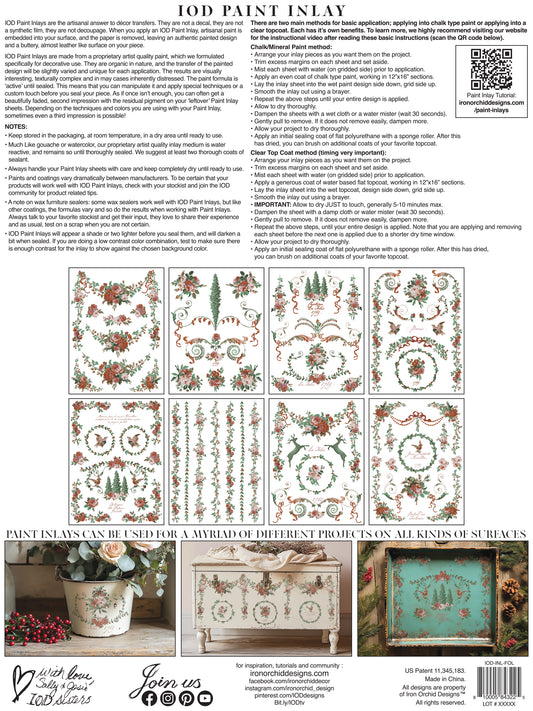 Product packaging for IOD Paint Inlay with floral patterns and text on a white background