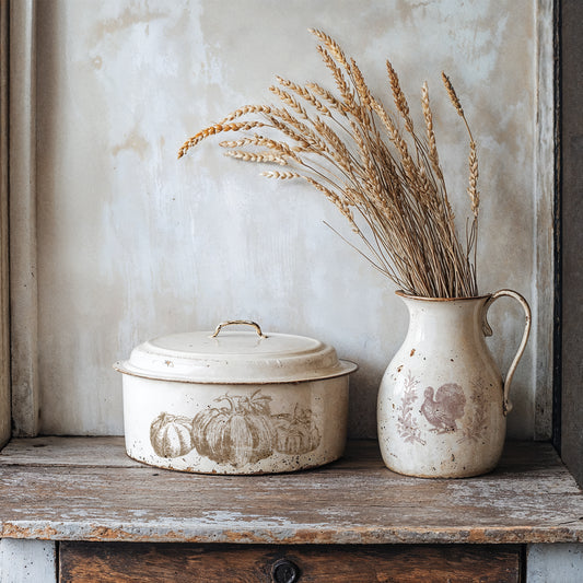 Decorative ceramic pot with lid and pitcher with wheat using IOD Autumn Blessings Stamp