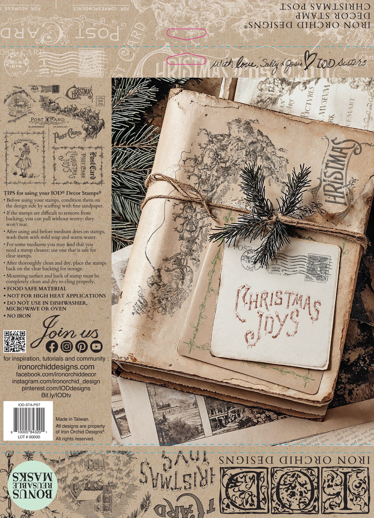 Decorative paper with 'Christmas Joys' text, tied with twine, on a textured background with stamps and designs.