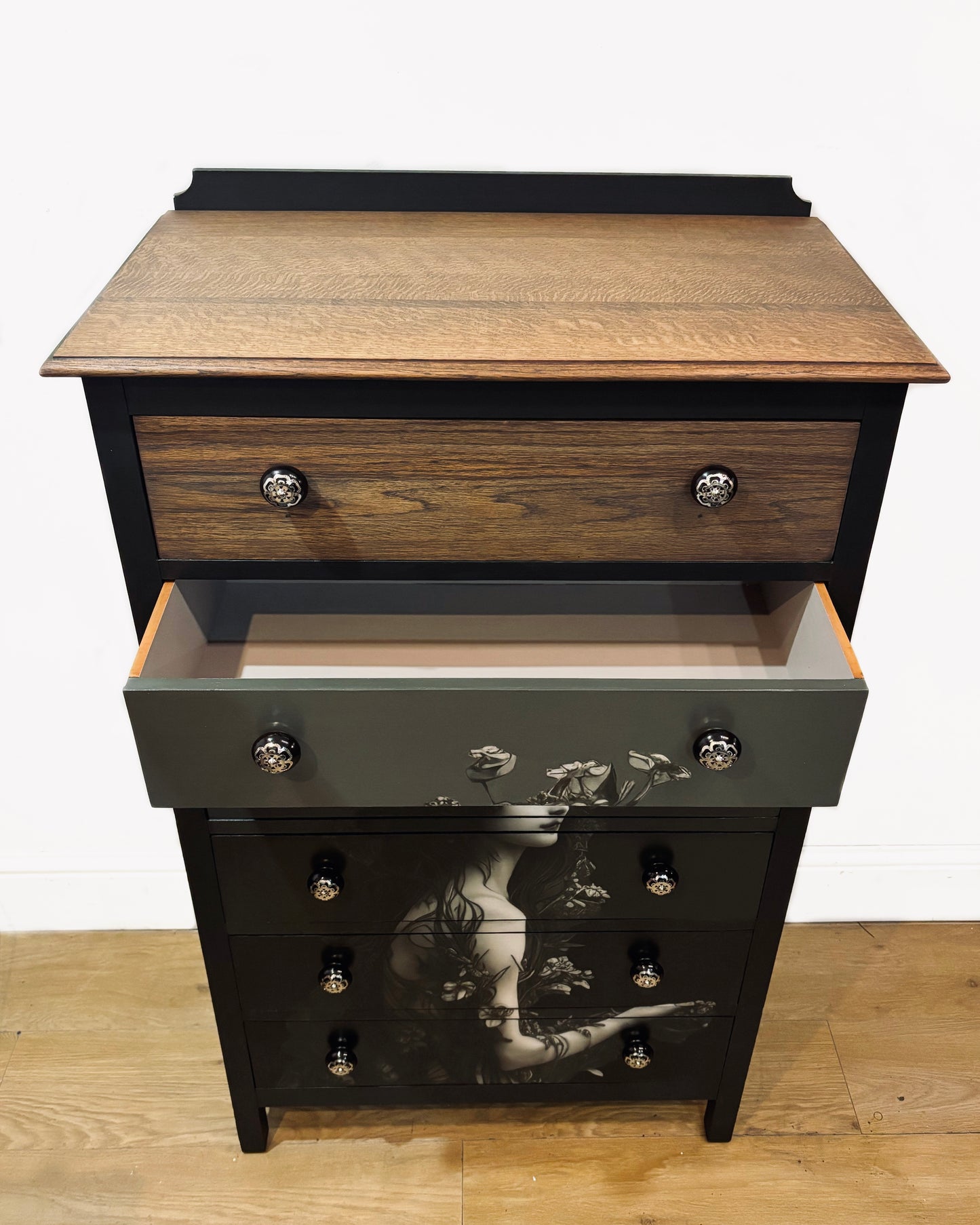 'Siren' Chest of Drawers - Black and Dark Oak with Decoupage