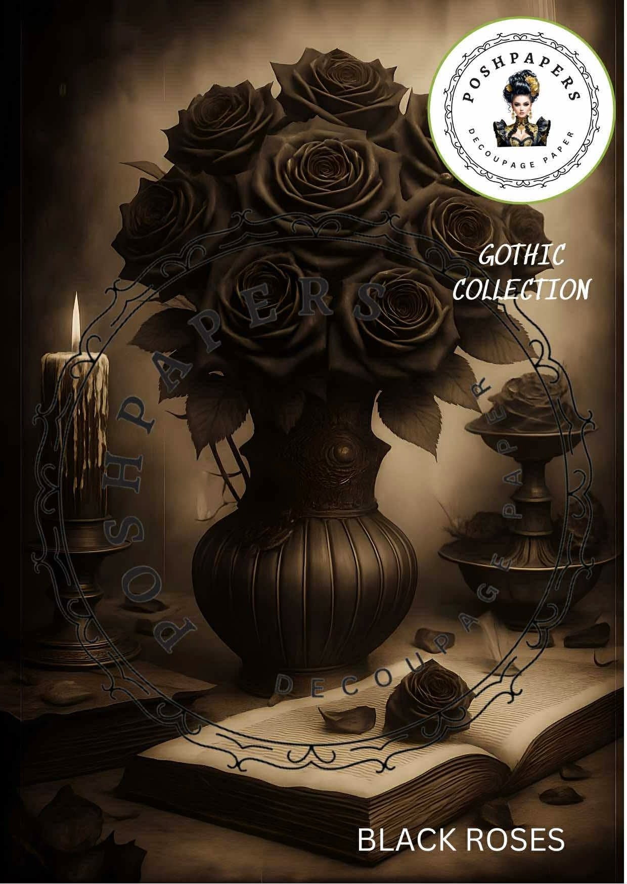Posh Papers - Black Roses - Large Decoupage Papers