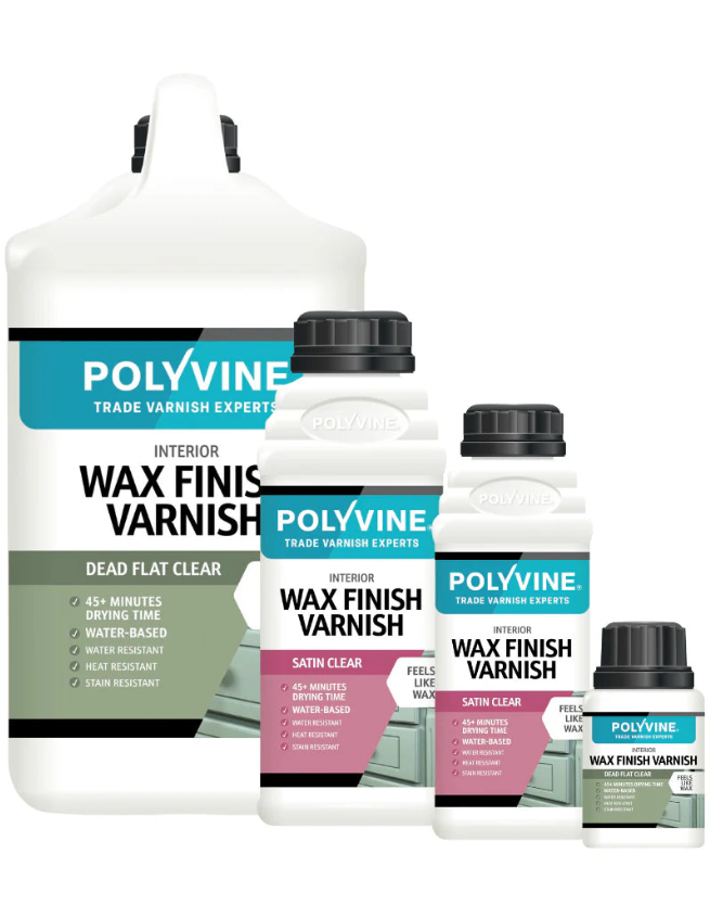 Collection of Polyvine wax finish varnish bottles on a white background