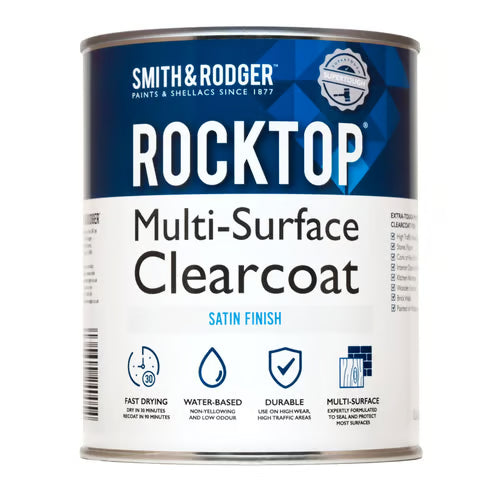 A can of Smith & Rodger Rocktop Multi-Surface Clearcoat paint with a blue and white label, shown against a plain white background.