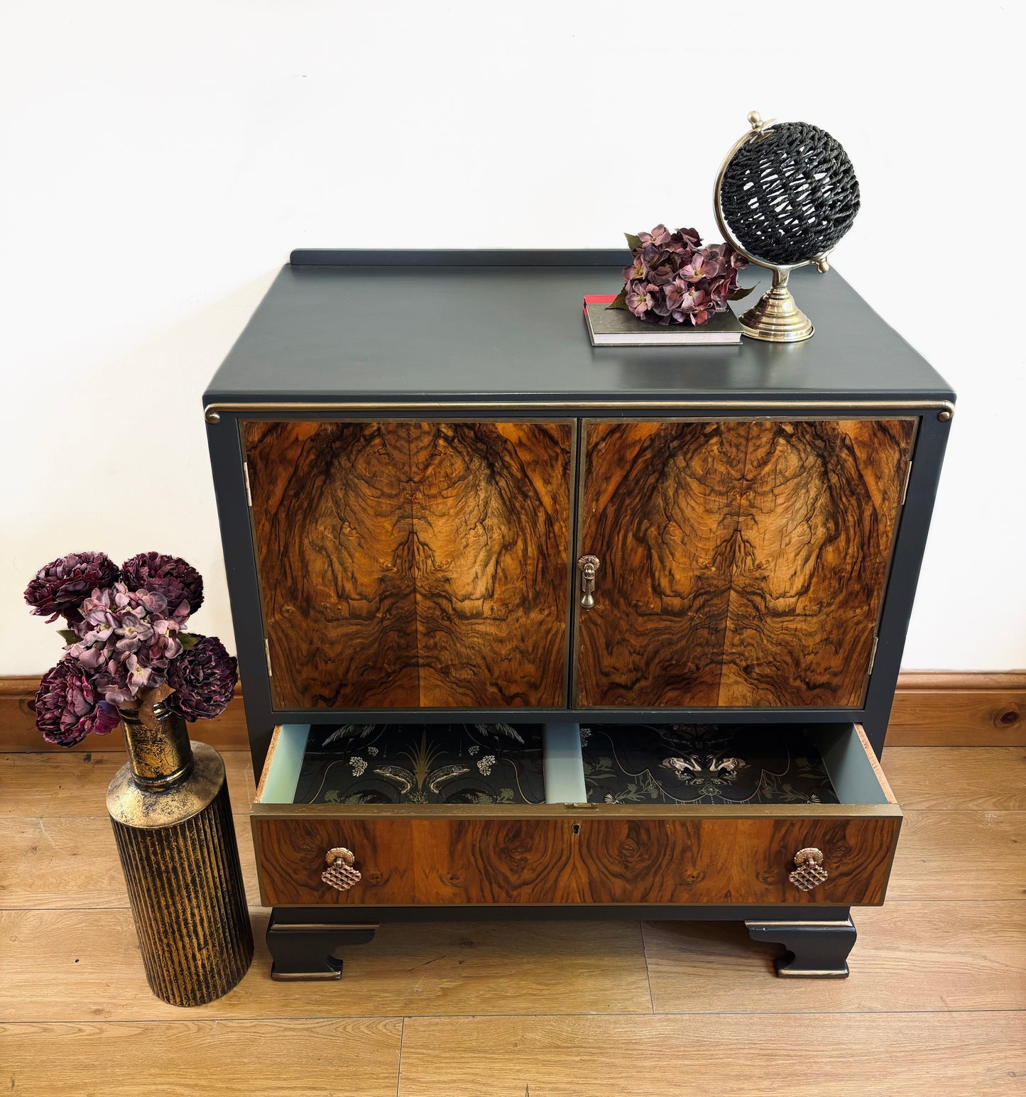 Vintage Art Deco Walnut Cabinet – Black Painted Finish with Becca Who Wallpaper