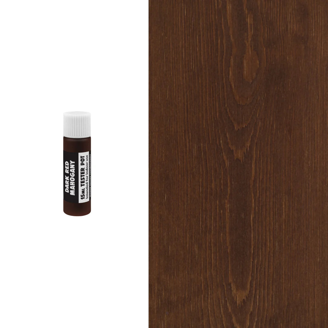 Dark wood finish sample with a small bottle of dark wood finish on a white background