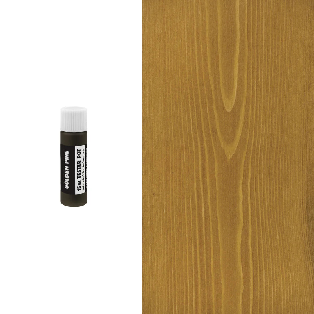 Small bottle of Golden Pine paint next to a swatch of the paint color on a white background