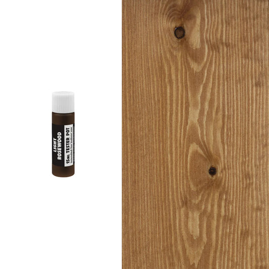 Small bottle of wood finish next to a wooden surface