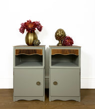Load image into Gallery viewer, Pair of Bedside Cabinets, Light Green and Gold Bedside Tables, Pale Green and Walnut Bedsides
