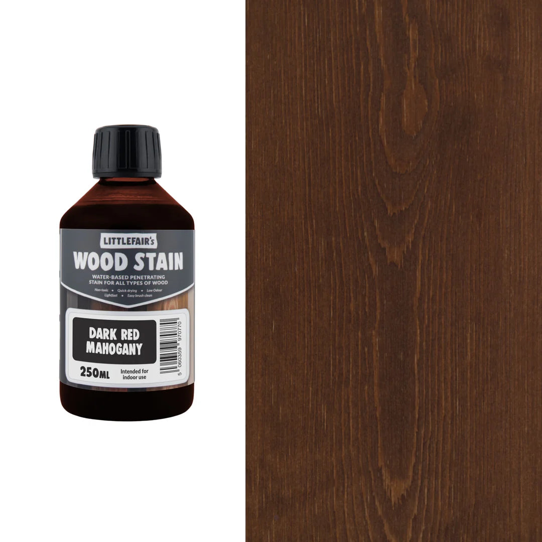 Bottle of Littlefain's Wood Stain next to a wood panel stained with the same color