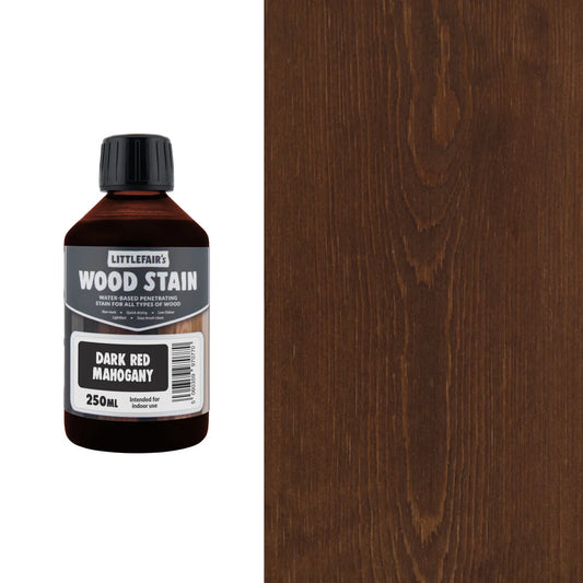 Bottle of Littlefain's Wood Stain next to a wood panel stained with the same color
