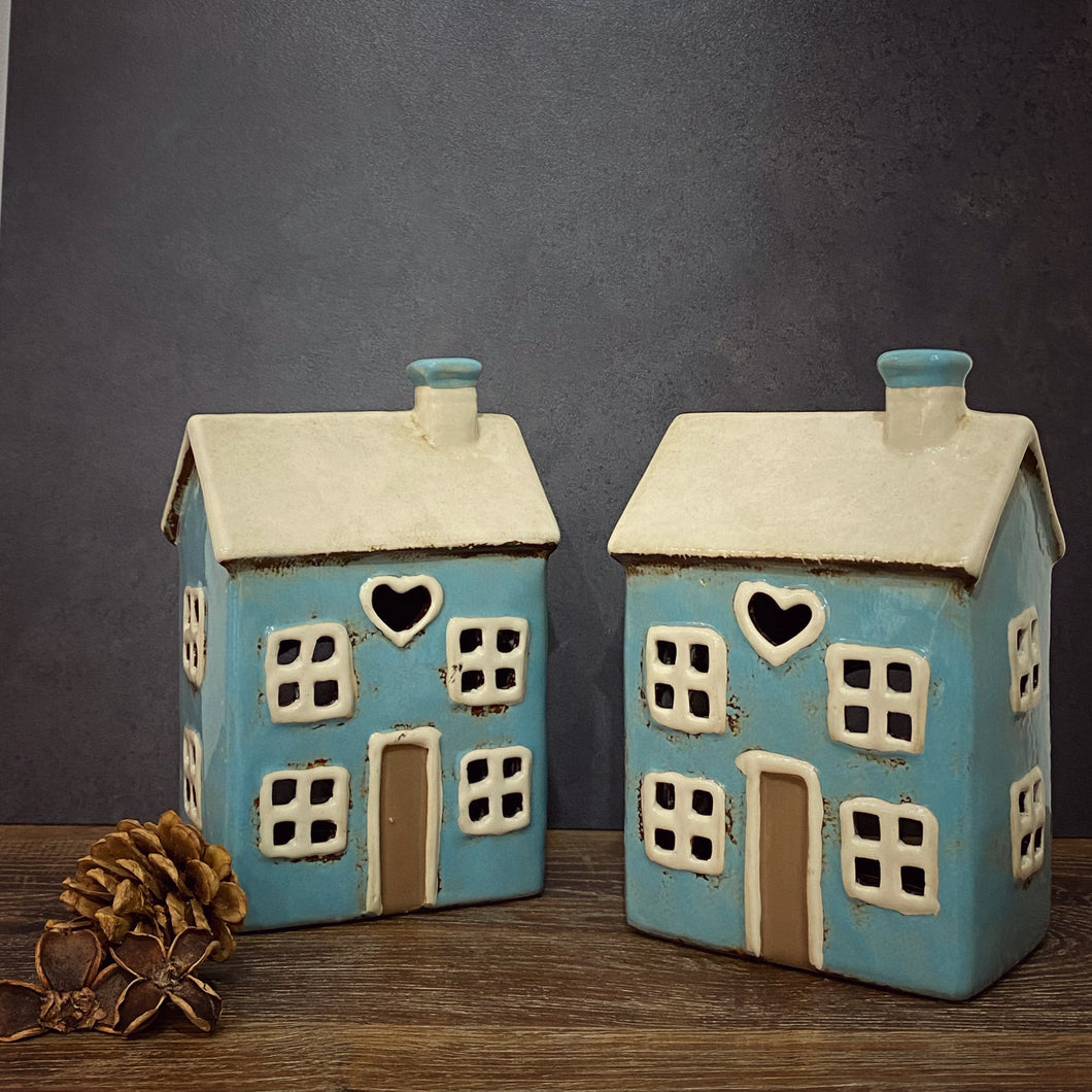 Bright Blue Heart House Tealight House - Village Pottery