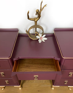 Elderberry Dressing Table, Purple and Gold Vanity Unit, Painted Vintage Drawers, Glam Bedroom Furniture