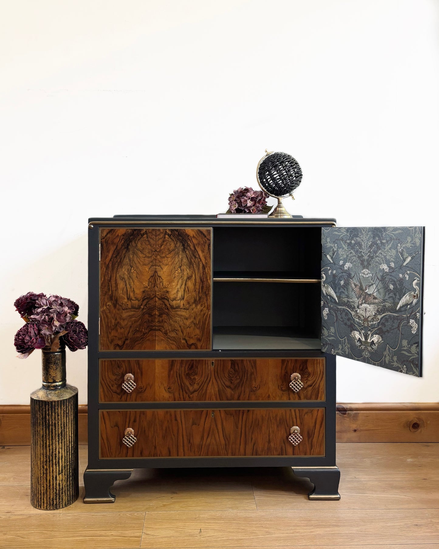 Vintage Art Deco Walnut Cabinet – Black Painted Finish with Becca Who Wallpaper