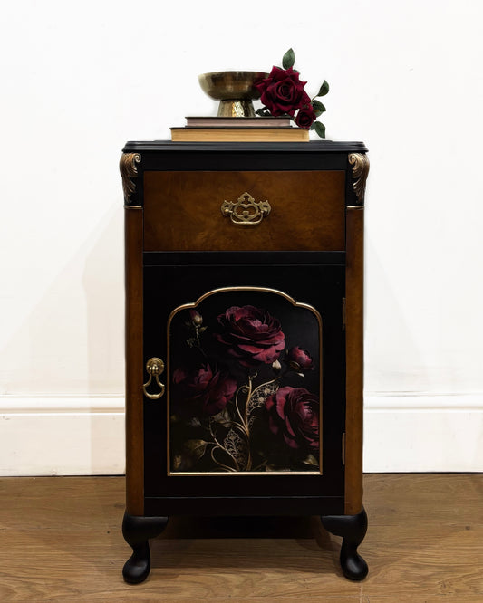 Gilded Roses Bedside Cabinet - Black and Gold with Decoupage
