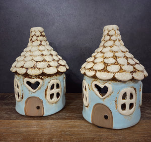 Blue Round Heart House Tealight House - Village Pottery