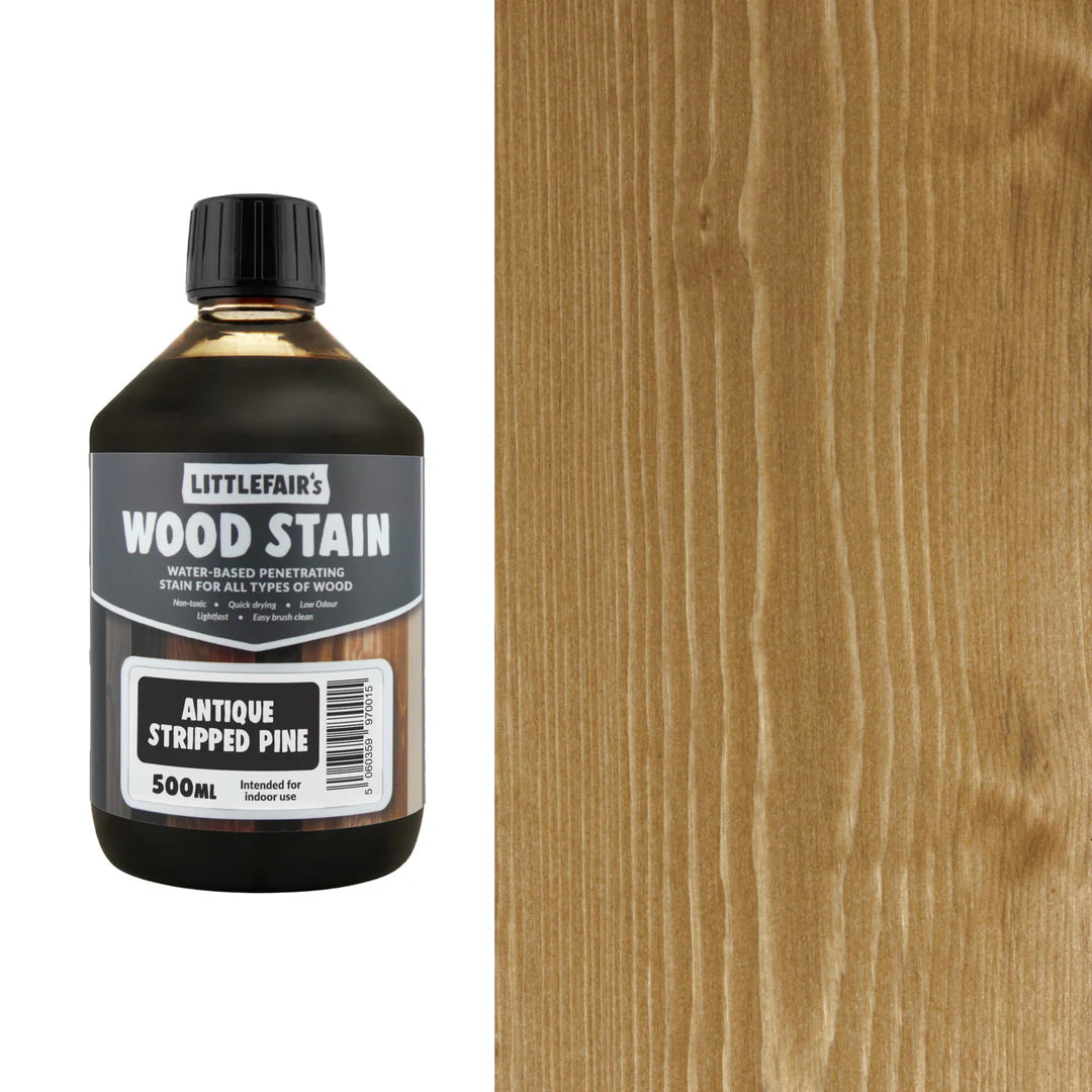 Bottle of Littlefair's Wood Stain next to a sample of stained wood.