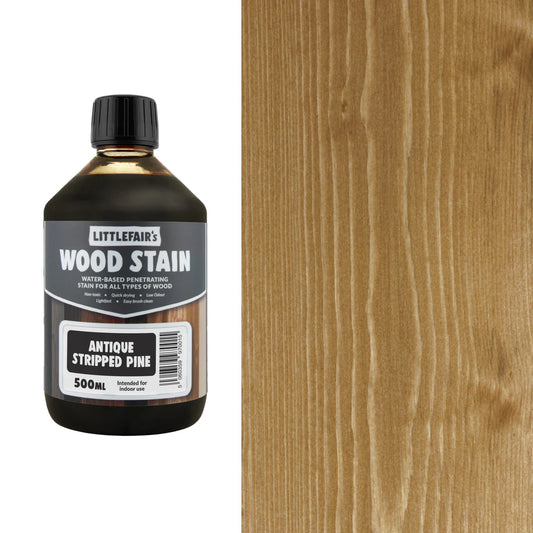 Bottle of Littlefair's Wood Stain next to a sample of stained wood.