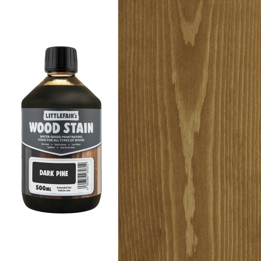 Bottle of Littlefair's Wood Stain next to a wooden surface