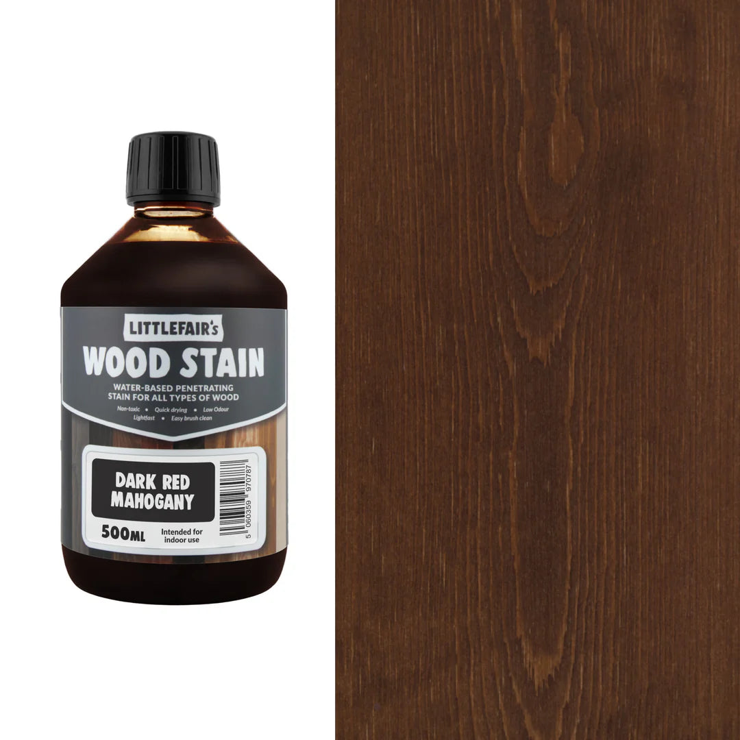 Bottle of Littlefair's Wood Stain with a sample of dark red mahogany wood on the right.