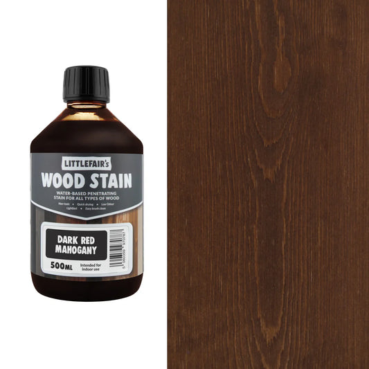 Bottle of Littlefair's Wood Stain with a sample of dark red mahogany wood on the right.