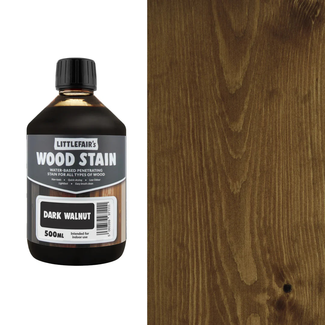 Bottle of Littlefair's Wood Stain with a sample application on wood.