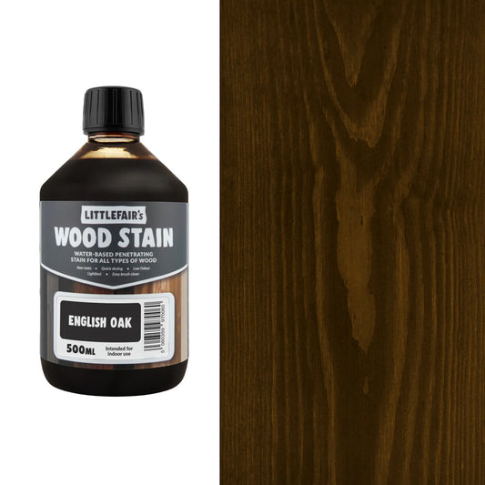 Bottle of Littlefair's Wood Stain with English Oak finish next to a wooden surface.