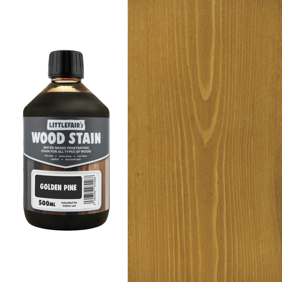 Bottle of Littlefair's Wood Stain with a sample of golden pine wood on the right.