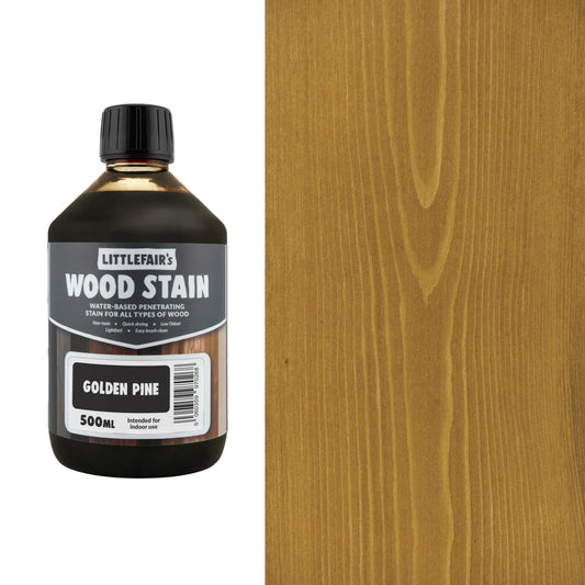 Bottle of Littlefair's Wood Stain with a sample of golden pine wood on the right.