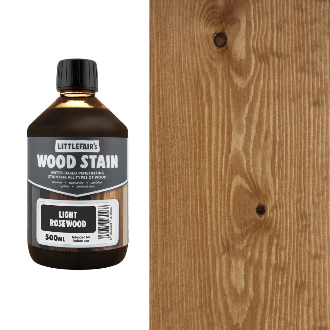Bottle of Littlefair's Wood Stain next to a wooden surface
