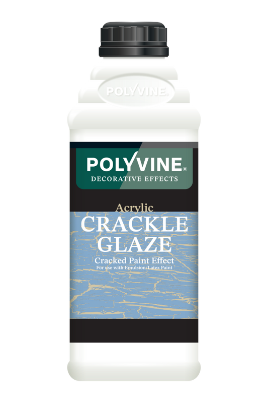 A white plastic bottle of Polyvine Decorative Effects Acrylic Crackle Glaze with a black cap and a label featuring a blue cracked paint design.
