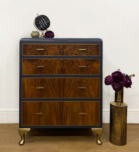 Art Deco Walnut Chest of Drawers in Navy and Bronze