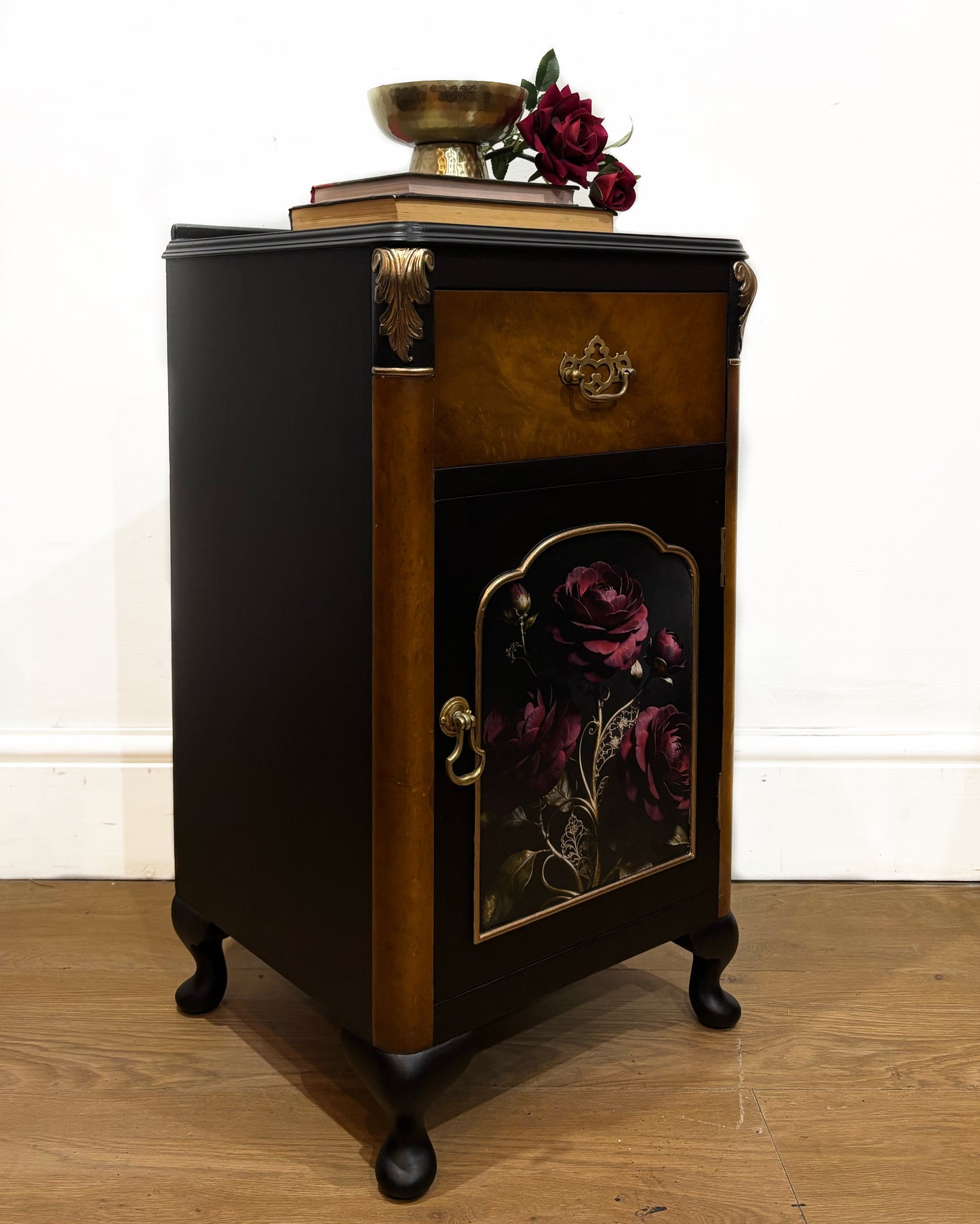 Gilded Roses Bedside Cabinet - Black and Gold with Decoupage