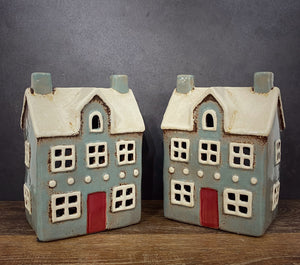 Grey Tealight House with Red Door - Village Pottery