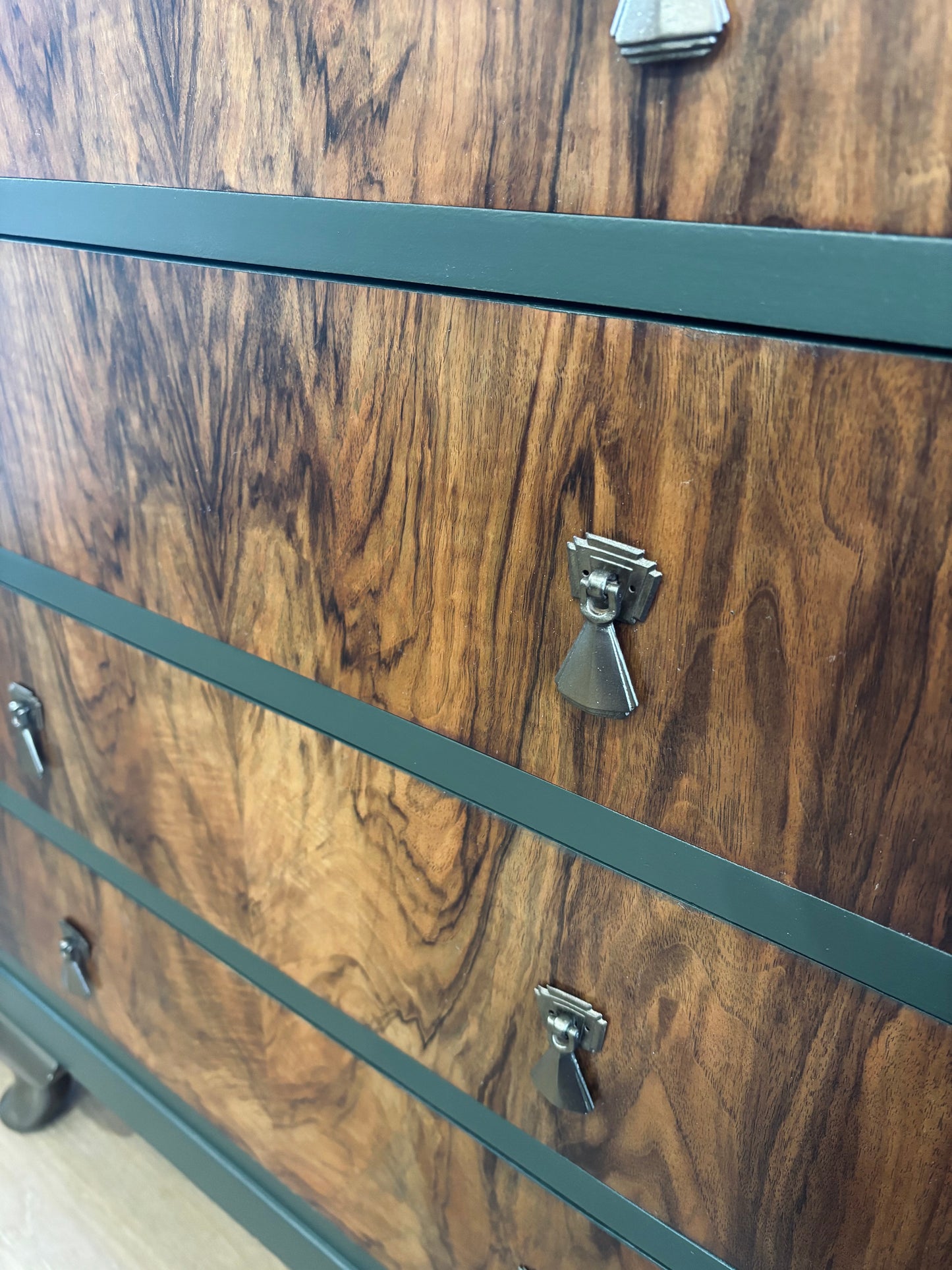 Walnut Chest of Drawers with Dark Forest Green and Bronze