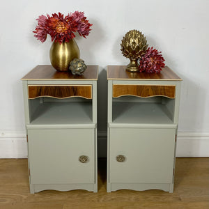 Pair of Bedside Cabinets, Light Green and Gold Bedside Tables, Pale Green and Walnut Bedsides