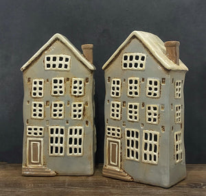 Tall Grey Townhouse Tealight House - Village Pottery