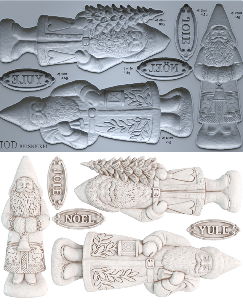 A mold tray and example cutouts for IOD Belsnickel Christmas ornaments, featuring a fish, gnome, Saint Nick, and holiday words like Joul, Noël, and Yule 