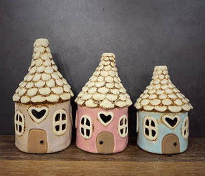Round Pottery Tealight Houses with Heart Cut Out from Village Pottery
