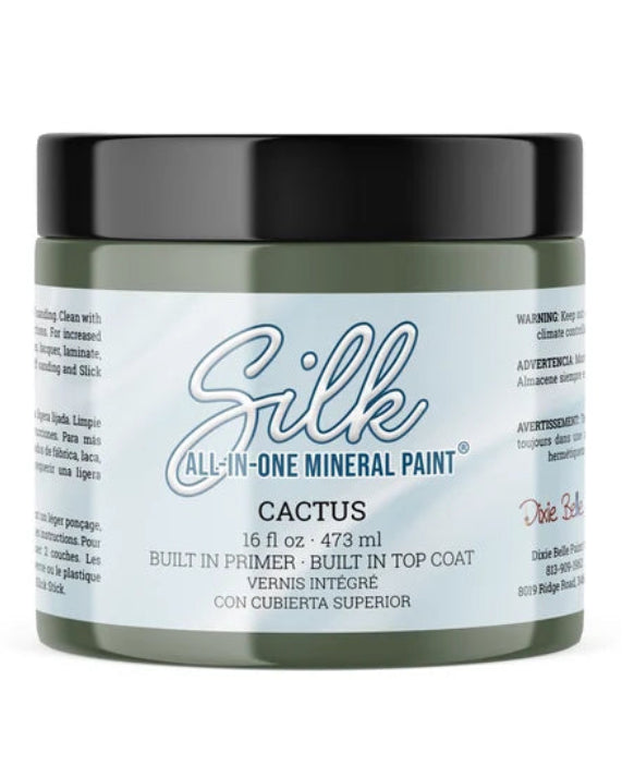 Silk All-In-One Mineral Paint in Cactus, a 16 fl oz jar with a black lid and a light sage green body, shown on a white background.