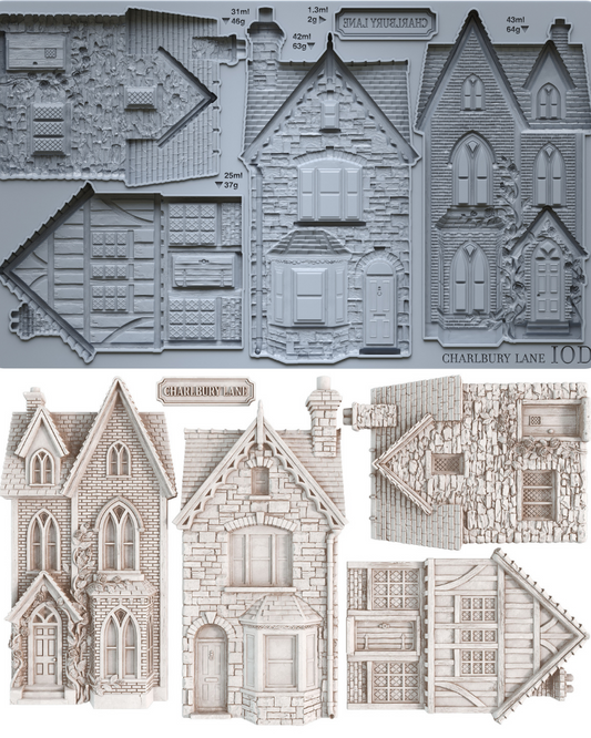 A set of miniature Victorian house moulds and roof design. Iron Orchid Designs Old Charlbury Lane Mould. 