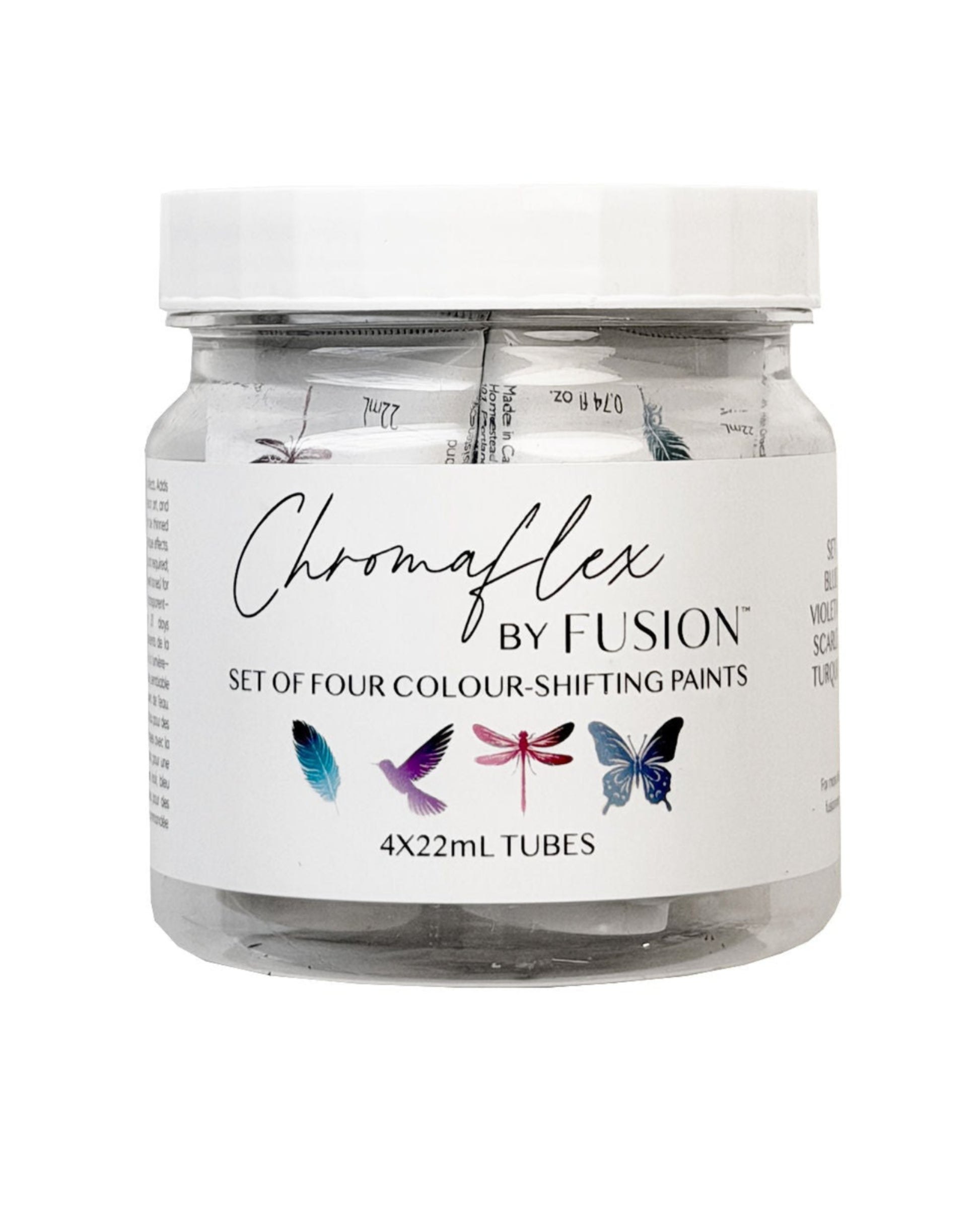 A small clear jar of Crafter's Fusion Colour Shift Paint with a white lid and white label, centered on a plain white background.