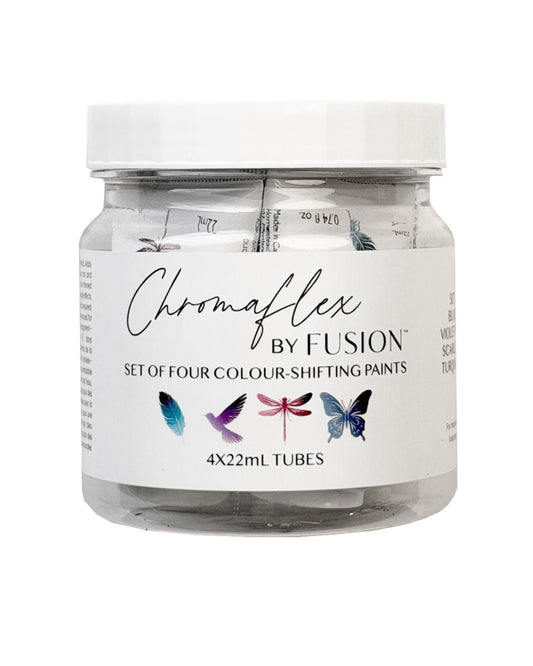 A small clear jar of Crafter's Fusion Colour Shift Paint with a white lid and white label, centered on a plain white background.