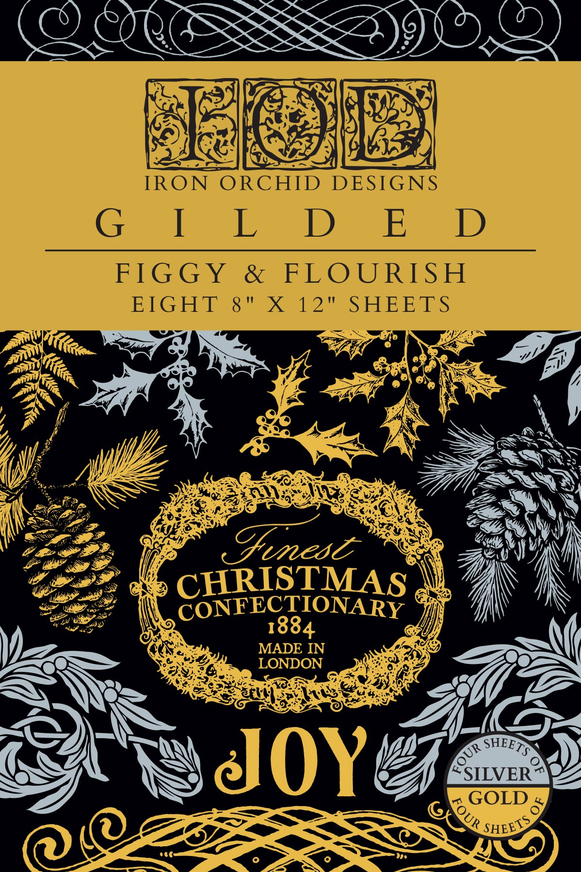 Decorative gilded foil transfer paper pack with gold and black design, featuring 'Joy' and Christmas confectionery text.