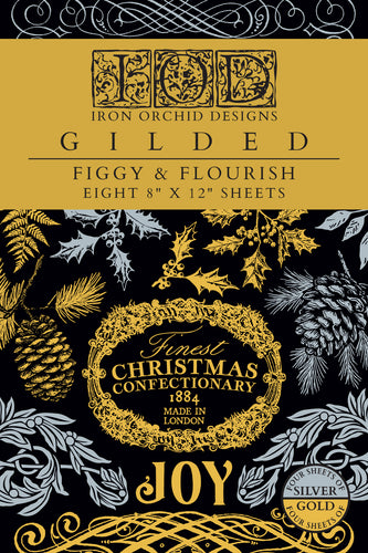 Decorative gilded foil transfer paper pack with gold and black design, featuring 'Joy' and Christmas confectionery text.