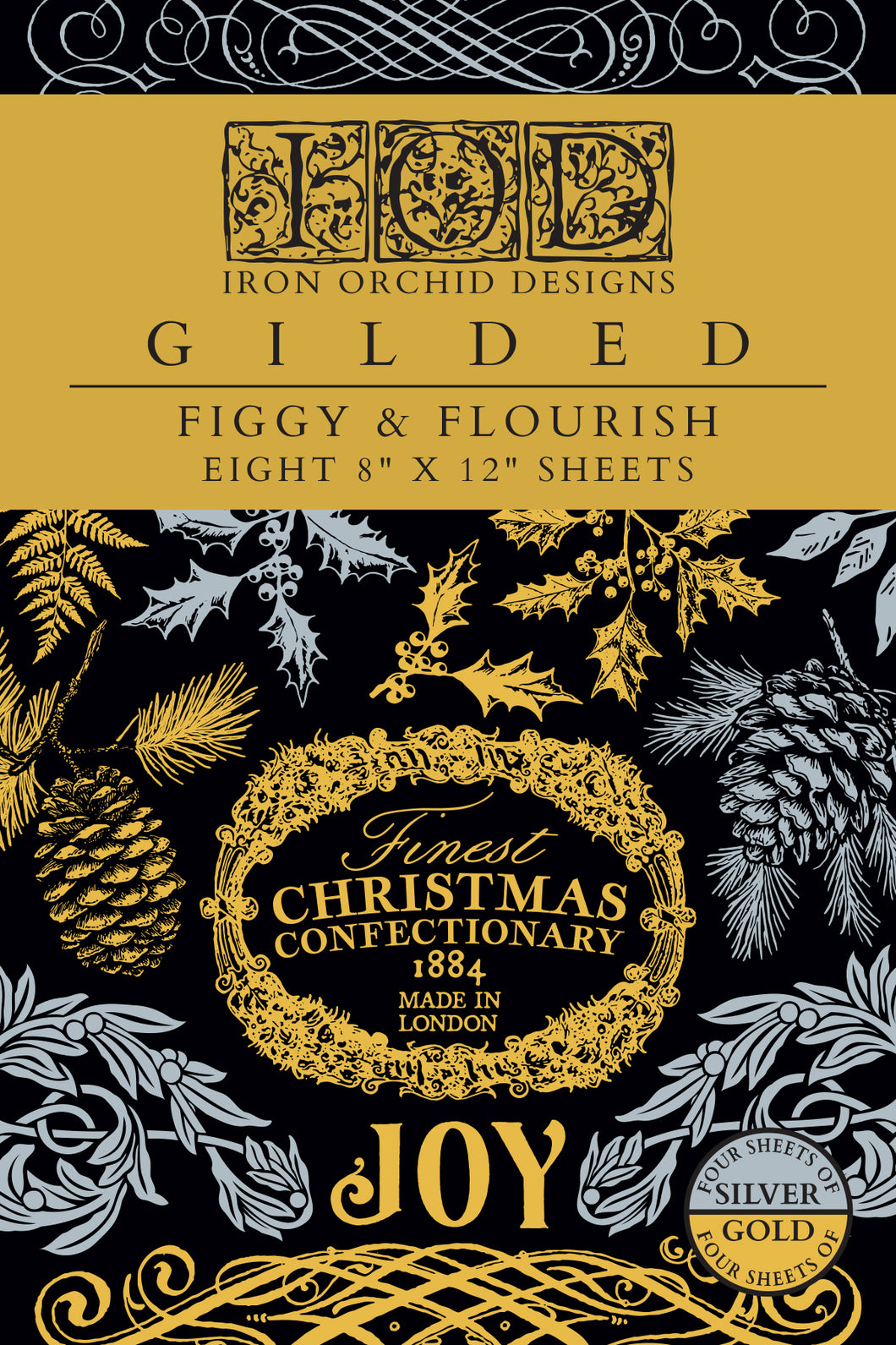 Decorative gilded foil transfer paper pack with gold and black design, featuring 'Joy' and Christmas confectionery text.