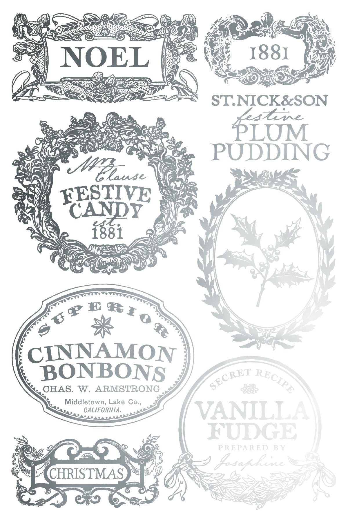 Collection of vintage-style product labels with decorative elements on a white background